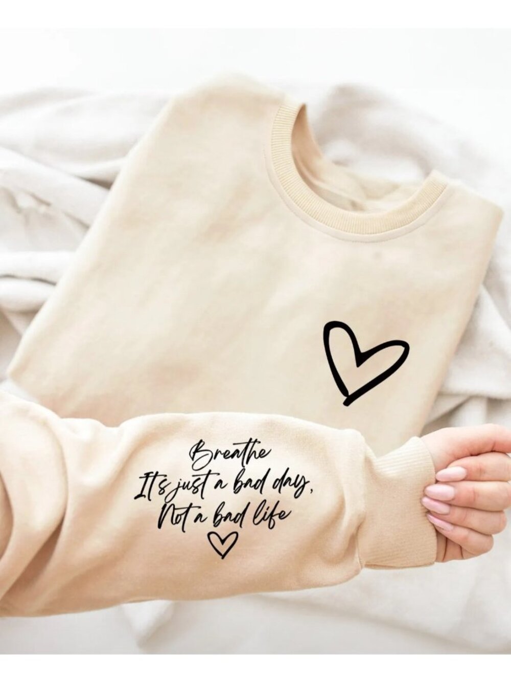 New Heart Print Crew Neck Apricot Sweatshirt With Inspiring Quote Design Medium
